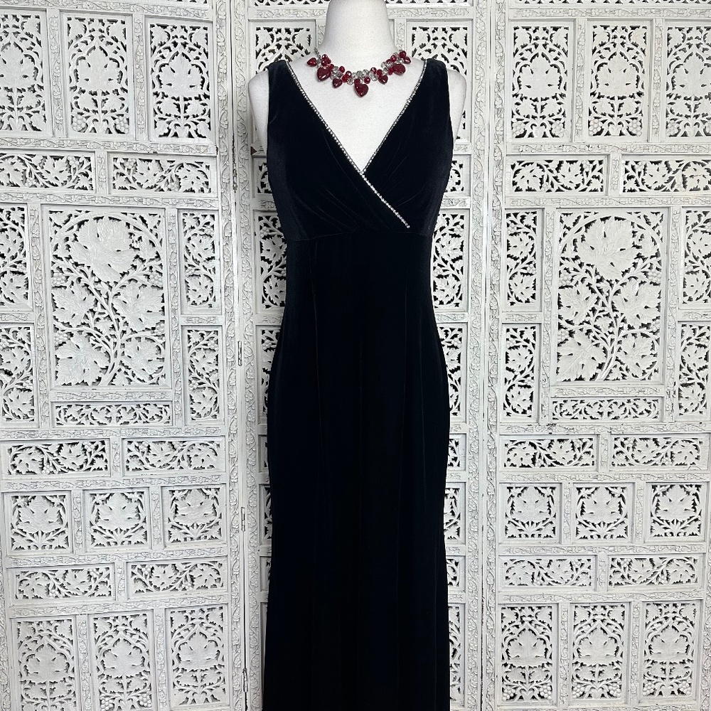 Vintage Black Velvet Faux Wrap V Neck Rhinestone Formal Prom Dress Sz 6